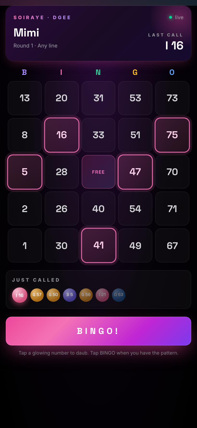 Bingo player phone — a 5x5 card with B-I-N-G-O headers, called numbers daubed with lipstick-kiss marks, a FREE center, the just-called ball, and a BINGO button