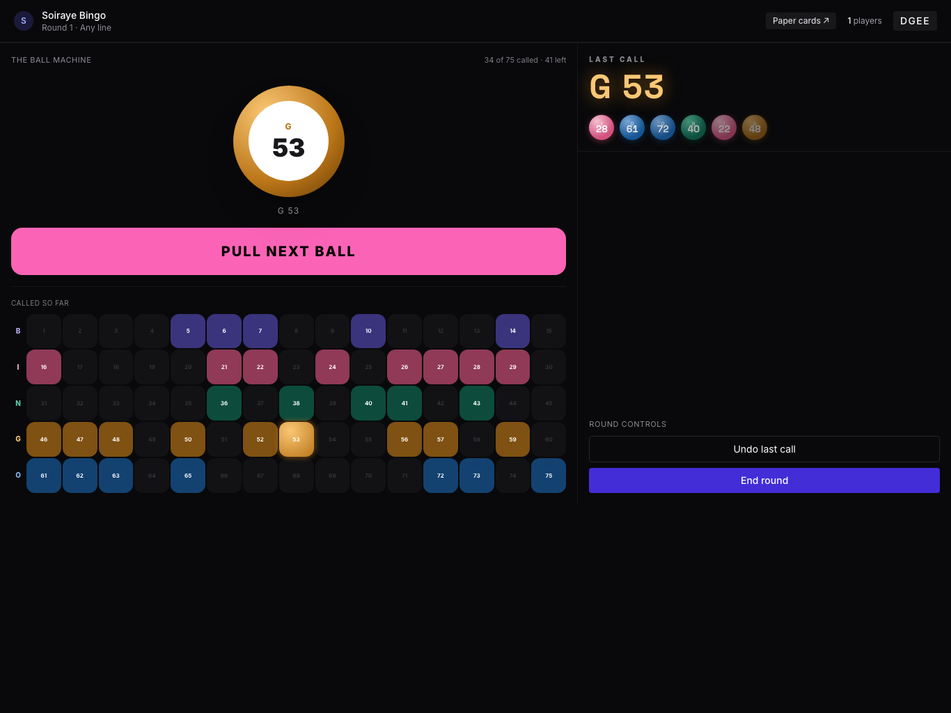 Bingo host tablet — a big 'pull next ball' button, the latest call on a ball, recent calls in a row, the round and prize, and a bingo-claim panel with confirm and not-yet buttons