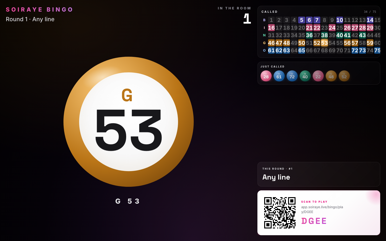 Bingo projector — the latest ball front and center, the full called grid, a row of recent balls, the round prize, and a scan-to-play QR with the join code