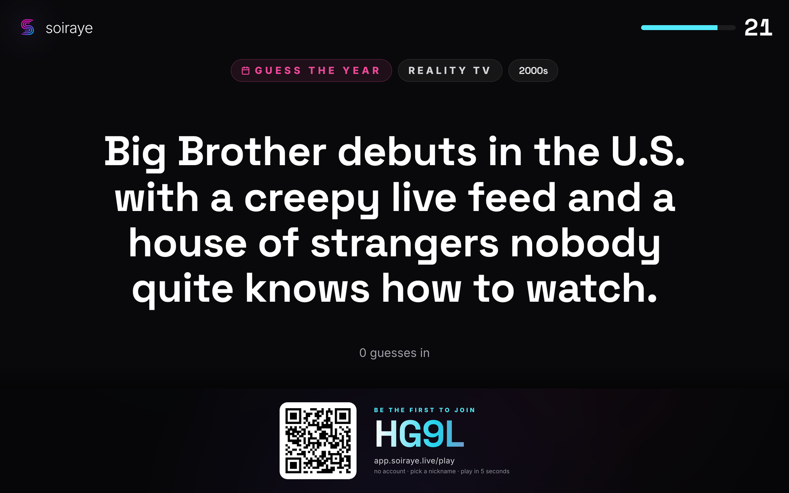 The Channel on a bar TV — a guess-the-year reality-TV question, a countdown timer, and a be-the-first-to-join QR with the play link
