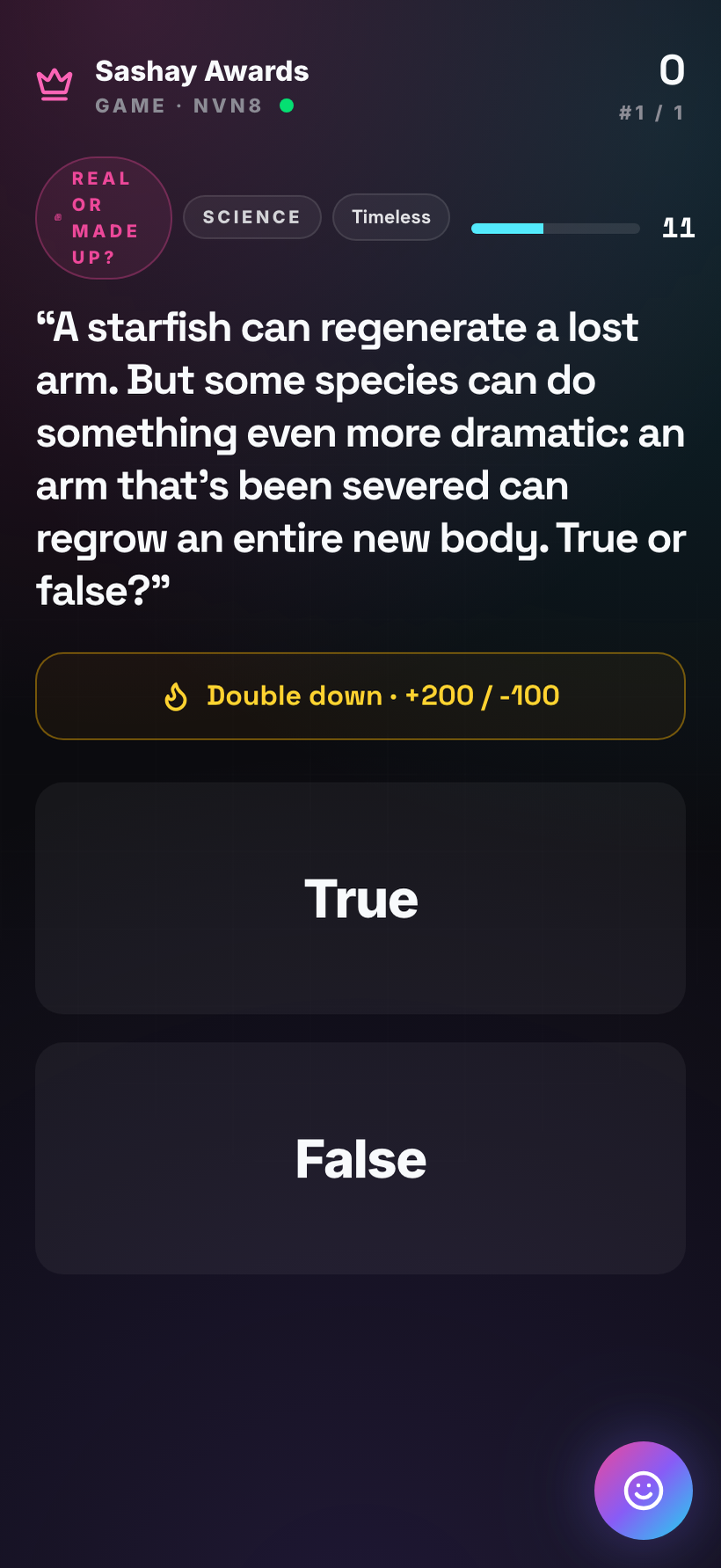 Trivia player phone mid-game — team name and score, the question, four lettered choices, one selected and locked in