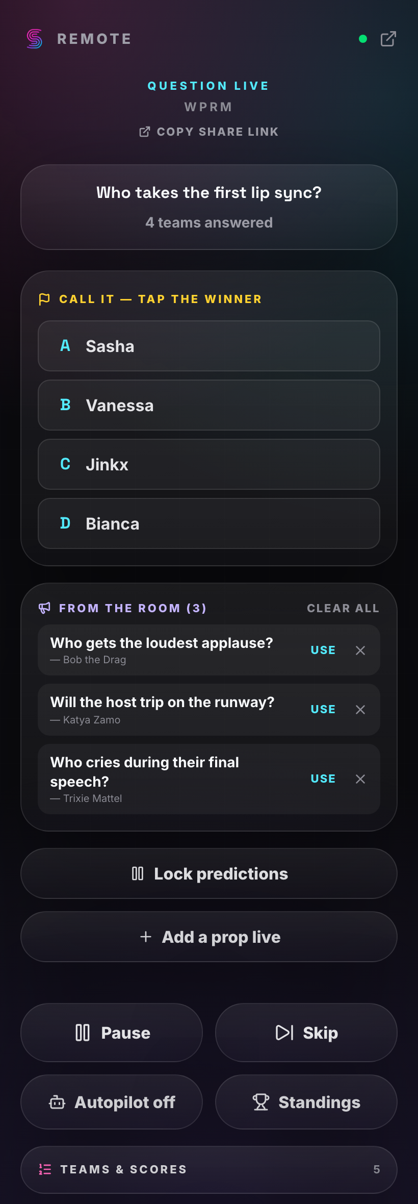 Watch Party host remote — 'Call it, tap the winner' with the contestant options, a 'From the room' queue of crowd-pitched props to approve, plus lock predictions and add a prop live, all from the host's phone.